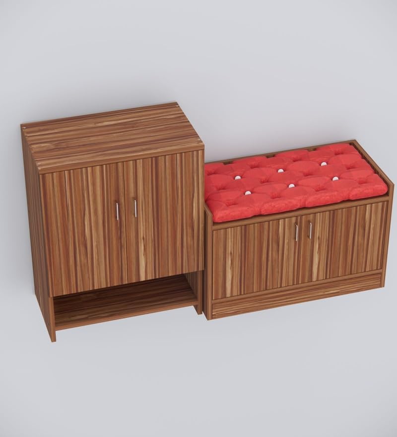 Image of SPECIALITY PANELS Wooden Shoe Rack with Cushioned Seating Bench, Walnut Finish, 2-Piece Set with Storage Cabinets, DIY Assembly