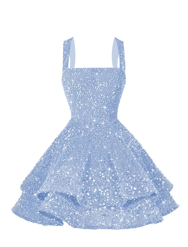 Women's Short Scoop Neck Sequin Homecoming Dresses Sparkly Sweet 16 Photo Tiered Short Cocktail Party Gown DE2374