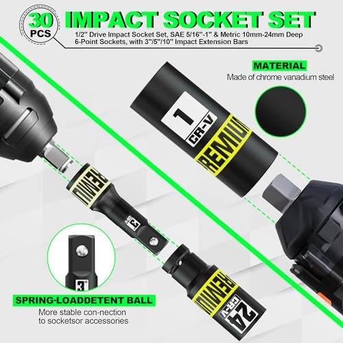 Image of 30PCS 1 /2 inch Drive Impact Socket Set, SAE (5 /16 inch- 1 inch) and Metric (10mm-24mm) Deep Socket, Including Impact Extension Bar 3 inch, 5 inch, 10 inch, 6 Point, Suitable for Automotive and Machinery