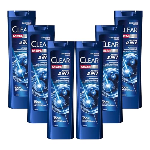 Clear Men Champú anticaspa para todo tipo de cabellos y cuero cabelludo Acción 2en1 hasta un 100% de protección contra la caspa* 6x 225 ml