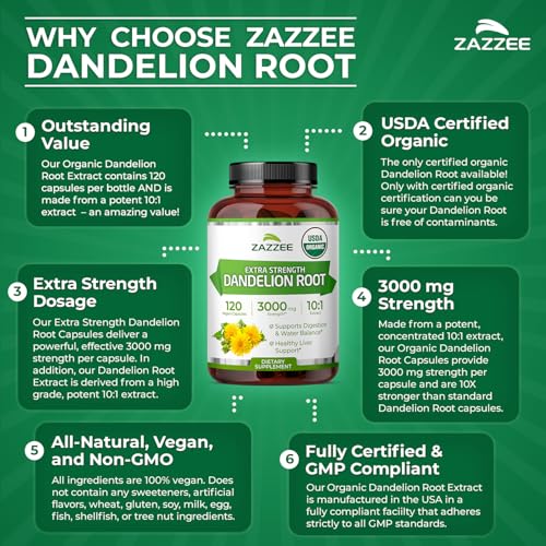 Image of Zazzee USDA Organic Dandelion Root 10:1 Extract, 120 Capsules, 4 Month Supply, Liver & Detox Support, Taraxacum Officinale, Organic Herbal Supplement, All-Natural, Non-GMO, Made in the USA (Pack of 2)