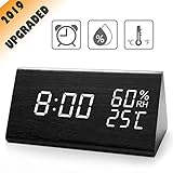 TrophyRak Digital Alarm Clock, with Wooden Electronic LED Time Display, 3 Alarm Settings, Dual Temperature & Humidity Detect, for Desk, Bedroom, Bedside Kids, no Batteries Needed