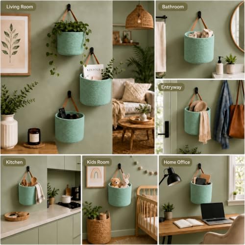 Image of Honeydak 3 Hanging Baskets, Sage Green, Cylinder, Cotton Rope