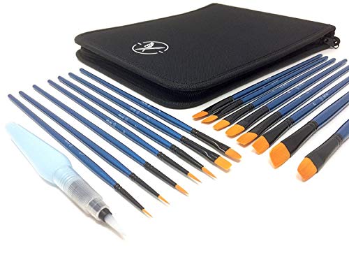 Heart Nuvo's 15+1 Artist Paintbrush Set with Case - Assorted Nylon Brushes and Water Brush for Watercolor Painting, Acrylic Painting, and Oil Painting