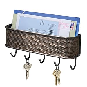 iDesign Twillo Mail and Key Holder, Decorative Wall Mounted Key Rack Organizer Pocket and Letter Sorter Holder for Entryway, Kitchen, Mudroom, Home Office Organization, 10.5″ x 2.5″ x 4.5″, Bronze