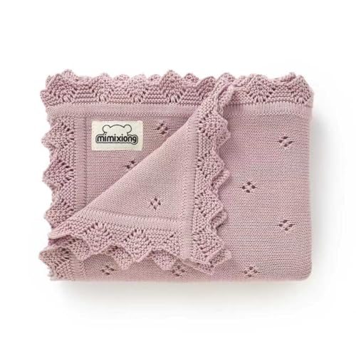 mimixiong Cotton Baby Blanket Knitted Crochet Receiving Crib Nursery Swaddling Blankets for Newborn Baby Boy Girl with The Bunny Rattle (Dreamy Lilac)
