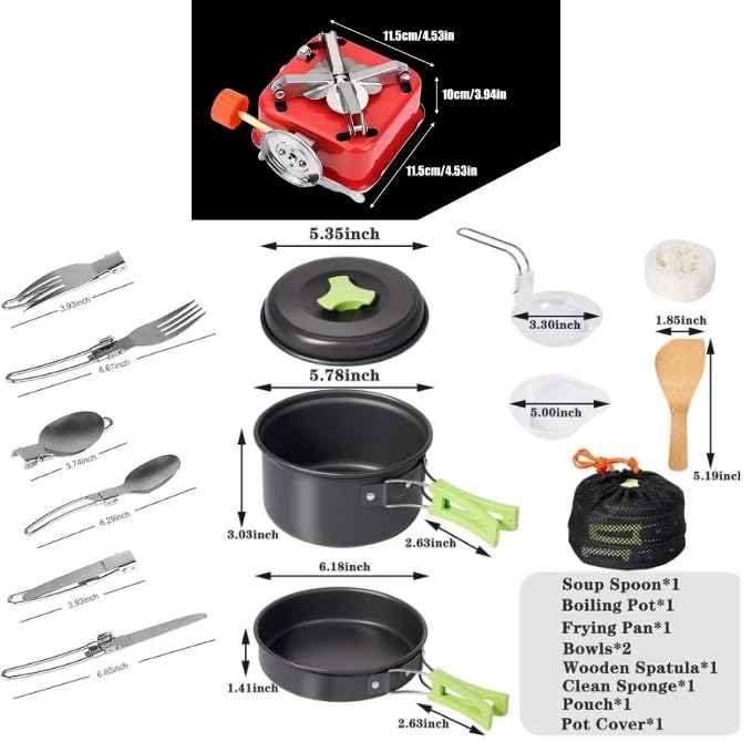 Image of 14-Piece Camping Cookware Mess Kit with Portable Gas Stove, Lightweight Nonstick Pot & Pan Set with Spork, Bowls, Sponge & Travel Bag - Compact Outdoor Cooking Gear for Backpacking, Hiking