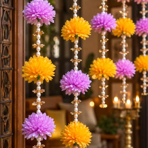 Image of Rajasthan Kraft Pack of 2, Artificial Multicolor Flower Wall Hanging for Home Decoration | 45 x 4 Inch Floral Hanging with Beads | Decorative Wall Hanging for Diwali, Wedding, Mandir & Festive Decor