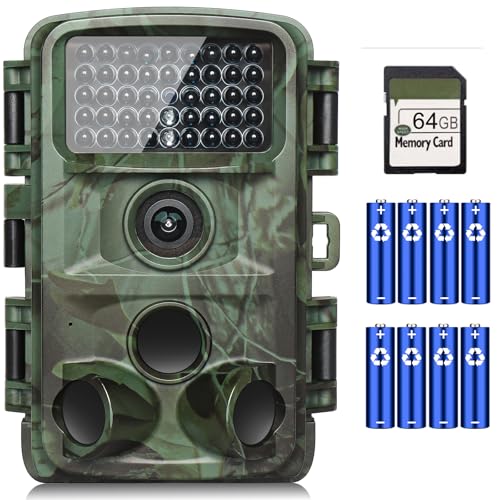 KJK 4K 64MP Wildkamera mit 64GB Speicherkarte, Wildtierkamera mit Nachtsicht, 0.05s Auslöser Bewegungsaktiviert, IP67 Wasserdicht 130° Weitwinkel 45 Stücks Infrarot-LEDs Schimmer Wildkamera
