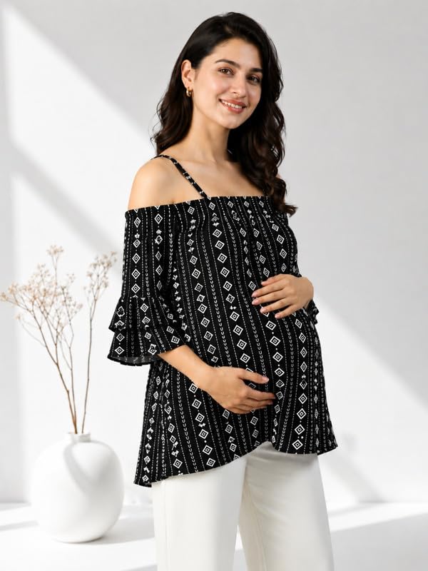 Image of oxolloxo Women Viscose Casual Tops | Relaxed Fit Tropical Printed Shoulder Straps |Tops for Women |Black