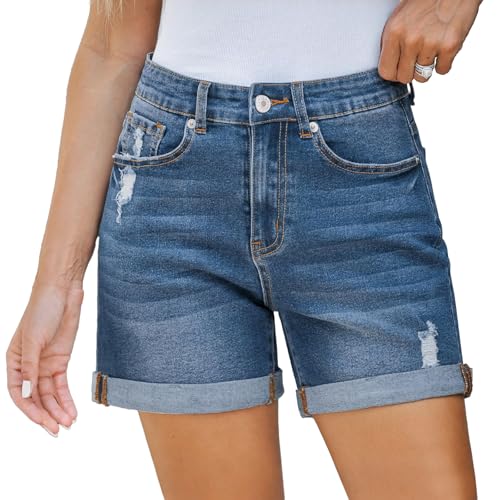 ADUDVLO Short en jean pour femme - Taille haute en coton biologique avec ourlet roulé et détails...