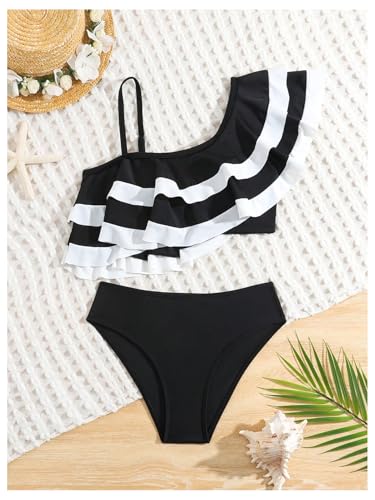 SweatyRocks Girl's Ruffle One Shoulder Swimsuit 2 Piece Bikini Sets Bathing Suit Beachwear3