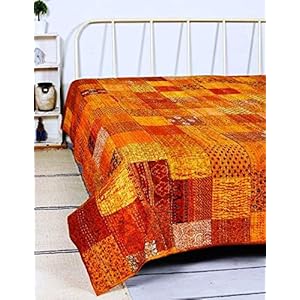 Womencrafts Kantha quilt Indiase patchwork, handgemaakte zijden sier patola kantha bedsprei, omkeerbaar kingsize…