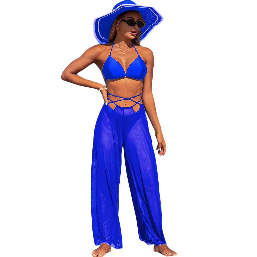 XYFfybhsd Women's Solid Three-Piece Bikini Swimsuit Set Quick-Drying High Elastic(Size:M,Color:Blue)