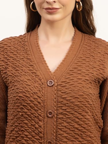 Image of Women's Winter Woolen Cardigan | Full Sleeve Textured Buttoned Sweater for Women | Soft Wool V-Neck Warm Knitted Outerwear for Office & Casual Wear