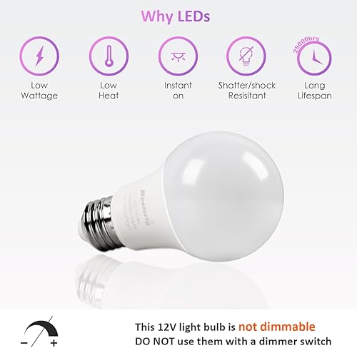 Miniatura 6 de Maelsrlg Bombilla LED de 12 V 6 W (equivalente a 50 W), luz diurna 5000K, 12V-24V CACC, 600 lúmenes, no regulable, bombillas LED A19 de 12 V CC,