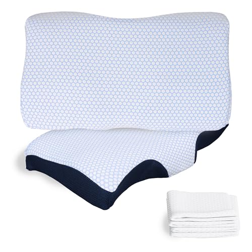 VECELO 横向き寝枕 2点セット いびき防止 63*40*10cm 1000g低反発 低い 立体くぼみ構造 ひんやり ほっとする 冷感枕カバー付き ネイビーメッシュ×ホワイト大菱形柄