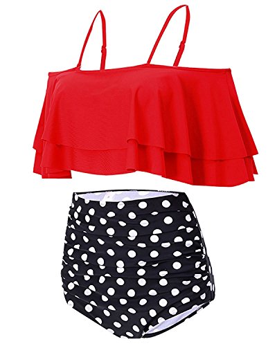 image for Tempt Me Women Red Two Piece Swimsuit High Waisted Bikini Off Shoulder