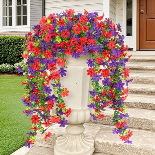 ADXORA Flores colgantes artificiales para exteriores, 2 piezas de flores de cerezo sintético largas con hojas de eucalipto, decoración de primavera para el hogar, porche, patio, balcón