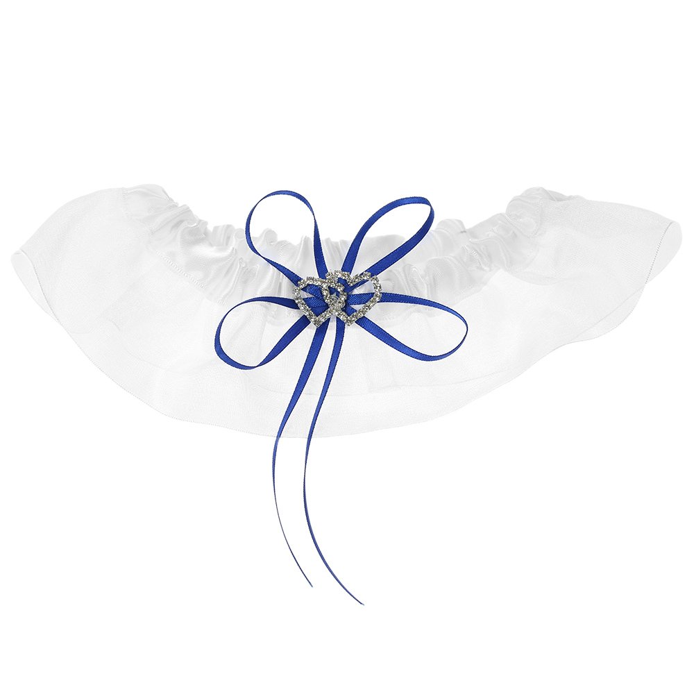 5-teiliges Set Hochzeitszubehör Doppelherz-Satin-Blumenmädchenkorb + 7 * 7 Zoll Ringträgerkissen + Gästebuch + Stifthalter + Brautstrumpfband-Set Weißes (Blau)