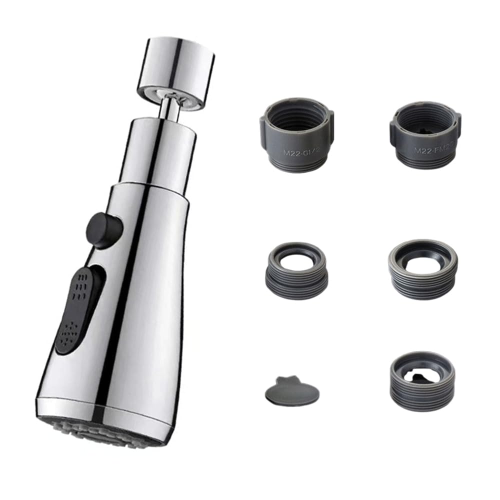 Zhuoeedaay Silver 360°Swivel Spout Kitchen Tap Spray Head Tap Attachment Spray With 3 Modes For Kitchen Tap Replacement Spray Head
