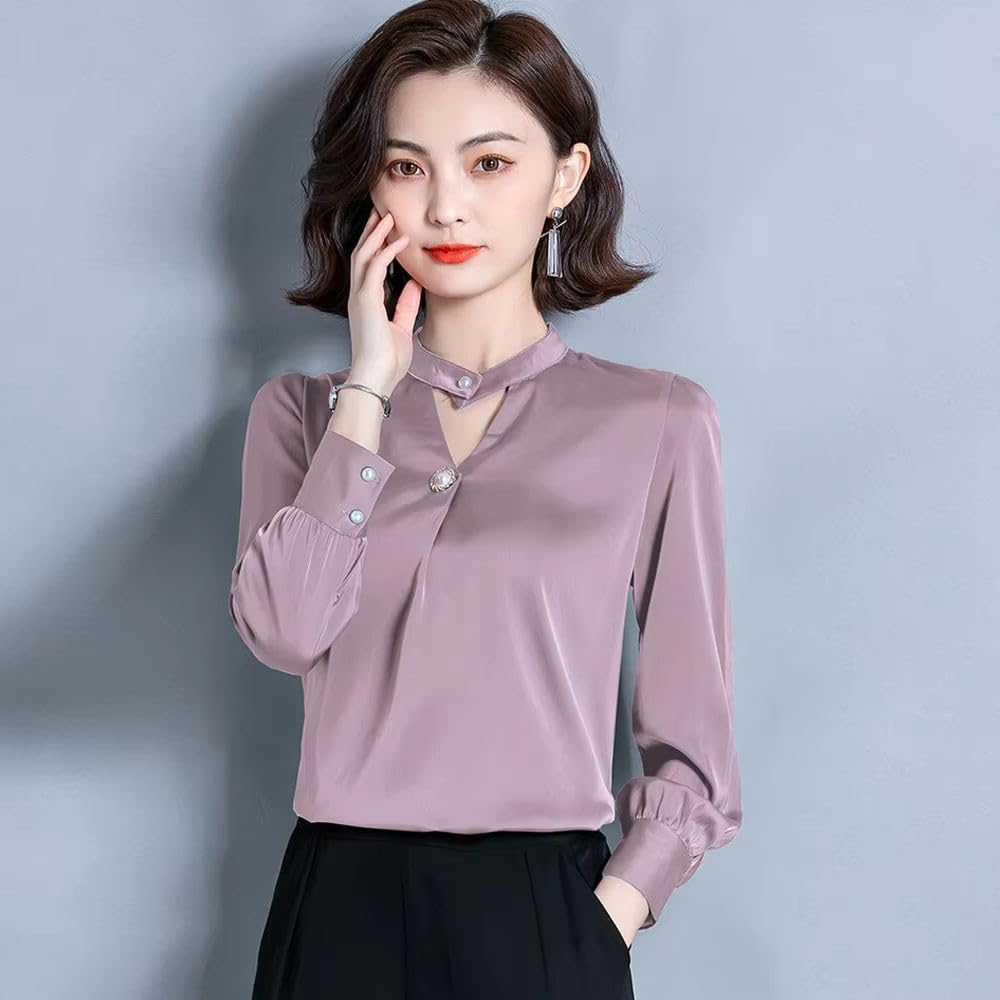Blusa de satén de manga larga para mujer, para oficina, formal, ropa de negocios vintage