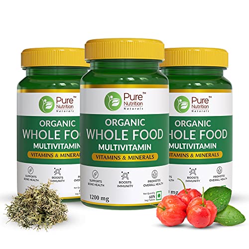 Image of Pure Nutrition Organic WholeFood Multivitamin | Plantbased Vitamin A D3 C E K2 B1 B2 B3 B5 B6 Biotin B12 Iodine Selenium: 100% RDA + Copper Chromium Iron Folic Acid Calcium Magnesium Zinc 180 Veg Tabs