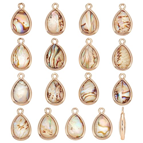 BENECREAT 16Pcs Abalone Shell Charms Natural Paua Shell Pendants Teardrop Abalone Jewelry Making with Brass Edging for Bracelet Earrings DIY Jewelry Making