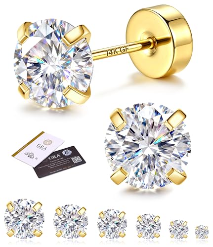 GEMQUEEN 6 Pairs 2-7mm Moissanite Earrings Studs 14K Gold Plated Stainless Steel Flat Back Earring for Women Men - Hypoallergenic Cartilage Helix Piercing Jewelry Brilliant Round Cut D Color VVS1 5.97CT