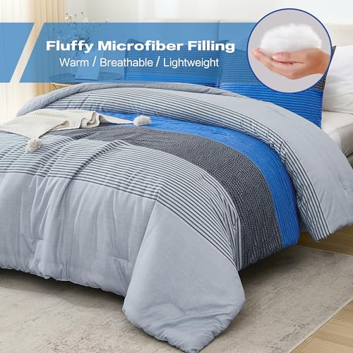 Litanika Comforter Set Oversized King 120x98 Grey Blue - 3 Pieces Lightweight Grey Blue Colorblock Stripe Fluffy Bedding Comforter Sets, All Season Bed Set