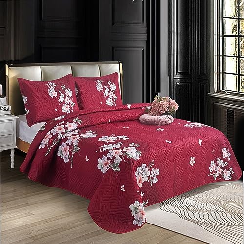 WEAVERS: 3 PCS Reversible Patchwork Quilted Bedspread, Floral Print Lightweight Comforter Coverlet, Soft Microfiber. Includes 2 Pillow Shams Fits Double & King Size Bed 220cm x 240cm. MILAN-103WV