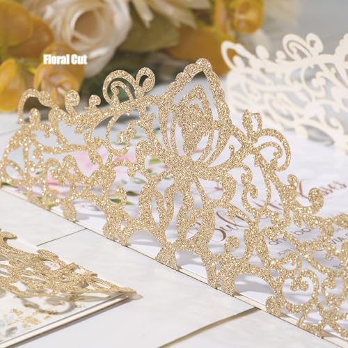 image for AdasBridal 50Pcs Glitter Floral Laser Cut Wedding Invitation Cards wit