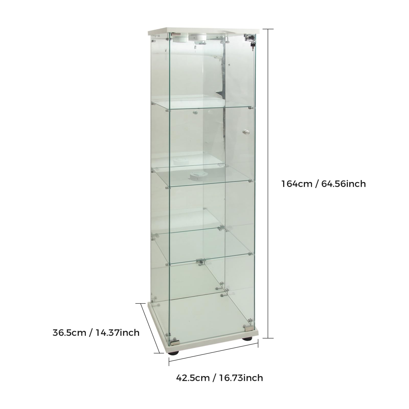 Vitrina de cristal, cristal de cuatro capas con puerta y cerradura, iluminación LED, moderna vitrina de colección para dormitorio, salón y comedor, 164 x 42,5 x 36,5 cm