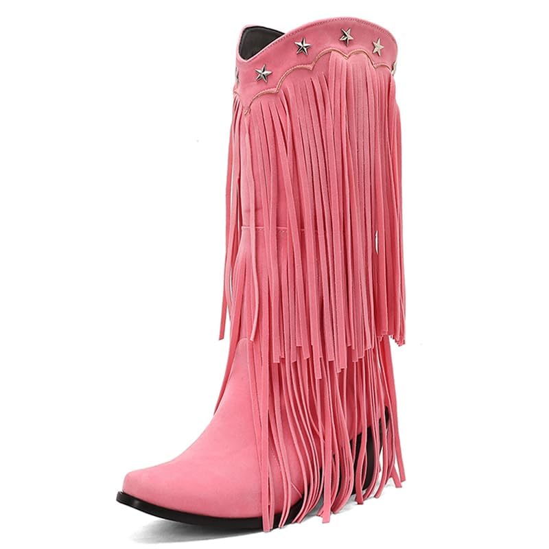 Fringe Boots for Women Suede Mid Calf Cowboy Western Boots Chunky Heels Cowgirl Western Tassel Boots