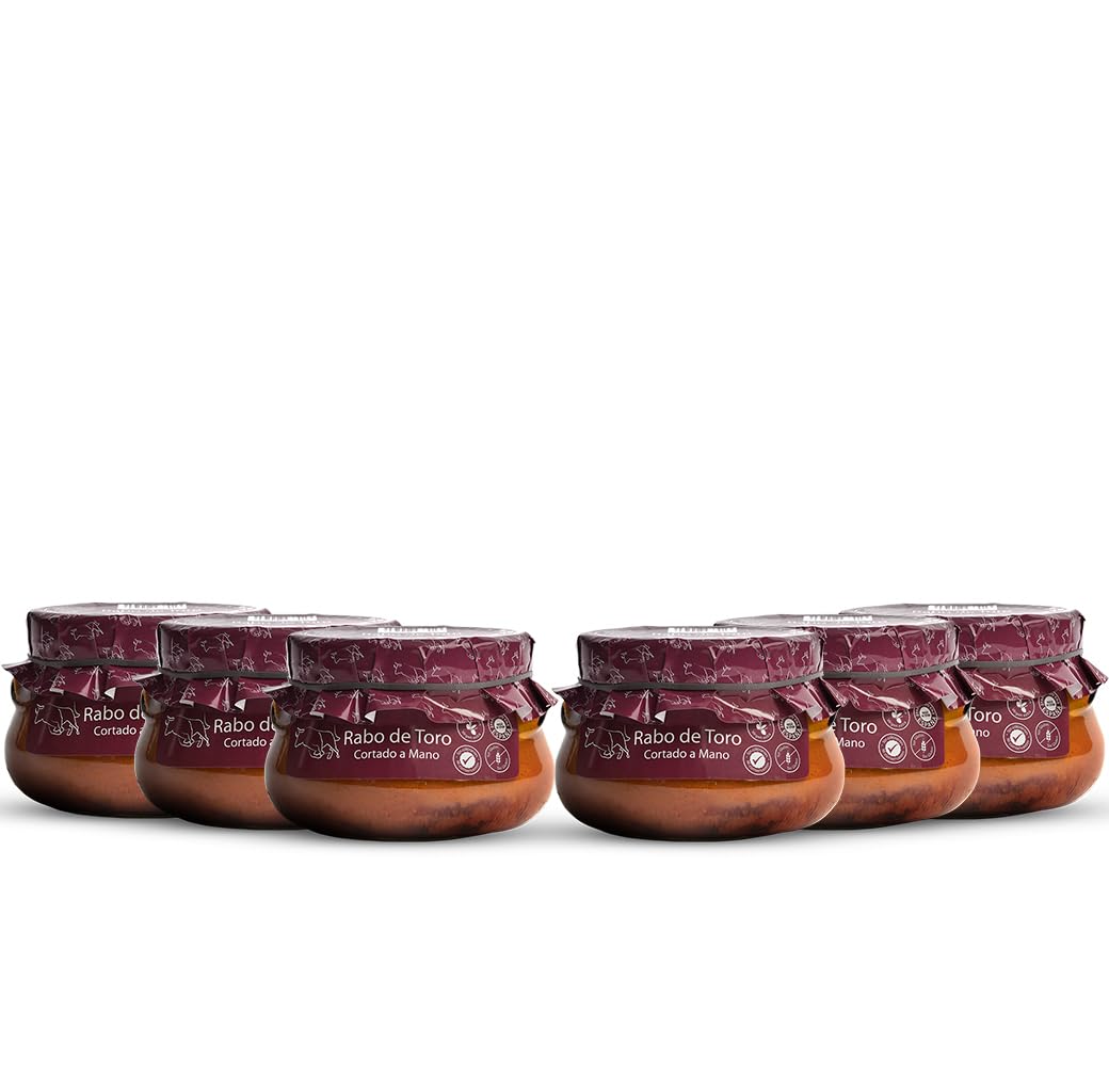 Rabo de Toro en salsa de vino tinto cortado a mano. Rabo de Toro estofado 640grs (Pack de 6). Receta familiar, casera y artesana. Conservas Gourmet. Regalo original Producto 100% elaborado en España.