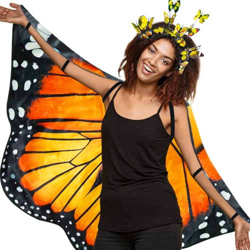 Double-Sided Adult Fairy-Butterfly-Wings-Costume for Women Music Festival Cosplay Cape Headband as Birthday Gifts