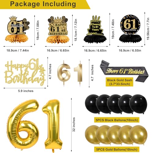 Image of 61st Birthday Decorations for Men, Black Gold 61st Party Decoration Kits | 27pcs Happy 61st Birthday Set, Banner, Honeycomb, Balloons, Gold Number, Candle, Hanging Swirls, Cake Topper, Party Supplies