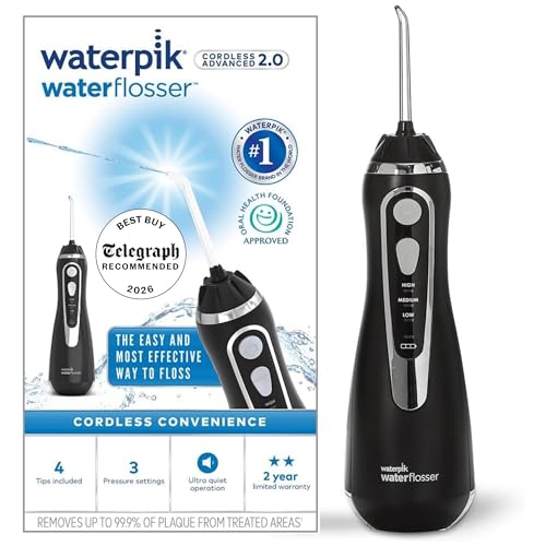 Waterpik Cordless Advanced Water Flosser 3 Pressure Settings Dental Plaque Removal Tool Ideal for Travel or Small Bathrooms USB Charger Black WP-582UK