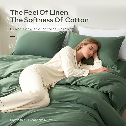 Image of JELLYMONI Duvet Cover Queen Size - Washed Cotton Comforter Cover with Linen-Like Texture,Breathable & Soft Bedding for Modern Home,Guest Room and Everyday Use,Dusty Green 1 Duvet Cover & 2 Pillowcases