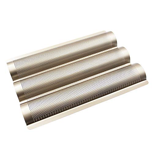 FireKylin Nonstick Perforated Baguette Pan, 15\" x 11\" French Bread Pan 3 Wave Loaves Loaf Bake Mold Toast for Oven Baking (Champagne Gold)