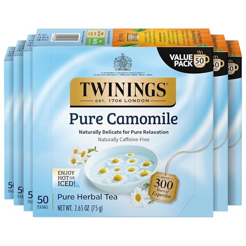 Twinings Pure Camomile Herbal Tea individually Wrapped Bags, 50 Count (Pack of 6), Naturally Caffeine-Free, Enjoy Hot or Iced, 300 Teabags