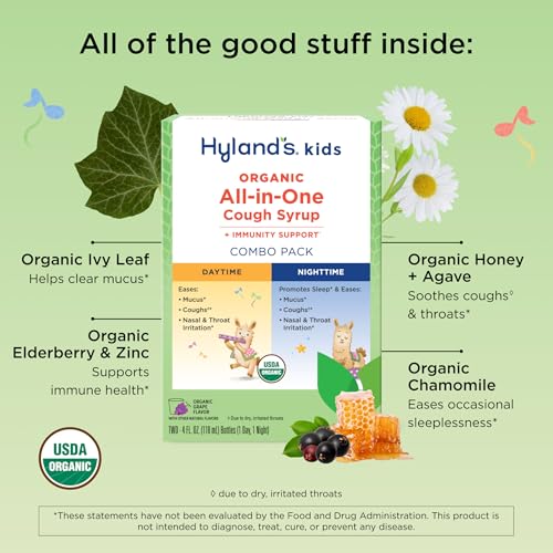 Image of Hyland's Kids Cough Syrup All-in-One Day+Night 2-Pack, Organic (Grape) 8oz