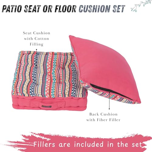 Image of Weaved Quilted Floor Cushion Set 40x40x8 cm Pink Boho with Cotton Filler & Back Cushion, Small Size for Seating, Patio Seat, Meditation, Yoga, Pooja, Guests, Living - 16x16x3 Inch