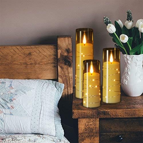 Image of Flameless Candles with Remote Timer, Embedded String Lights Candles Acrylic Flickering, Battery Operated LED Pillar Candles, 4 Pcs Unbreakable Plexiglass, Black, 2.3x5 /6 /7 /8 inches