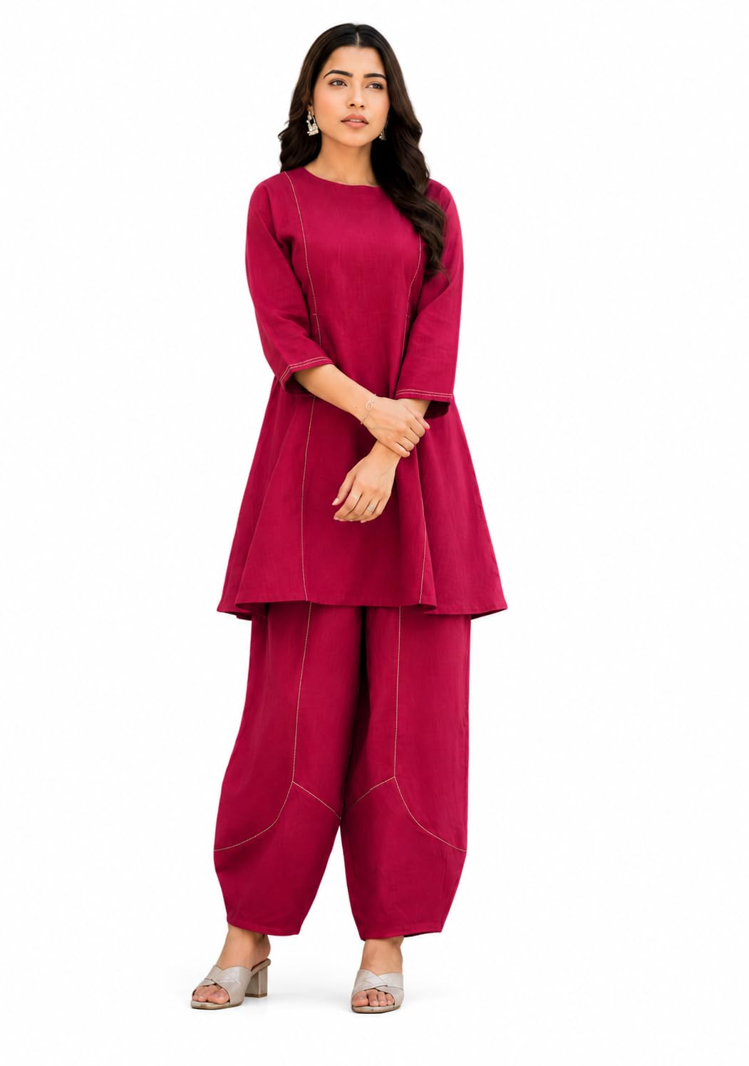 Women's Co-ord Set – Pure Cotton Slub, Round Neck, 3/4 Sleeves, Short Length Top, Styled Pants, Casual Wear-picture-21