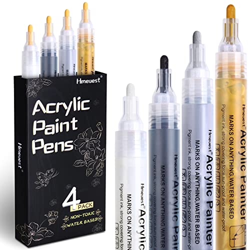Hmeuest Metallic Acrylic Paint Pens, Medium Tip Acrylic Markers - White, Black, Gold and Silver Permanent Paint Pens for Stone Ceramic Glass Wood Christmas Card (4 Pack)