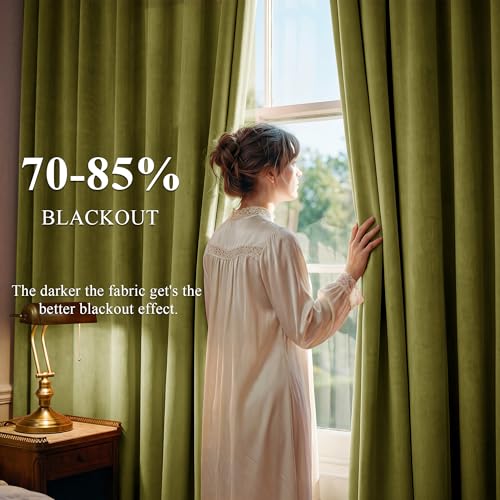 Image of Olive Green Velvet Luxury Drapes for Living Room, W52 x L100, 2 Pcs | Christmas Holiday Decor, 300GSM Heavy Soft Velvet, UV Protection, Heat Insulated, Privacy, Back Tab for Bedroom, Living Room