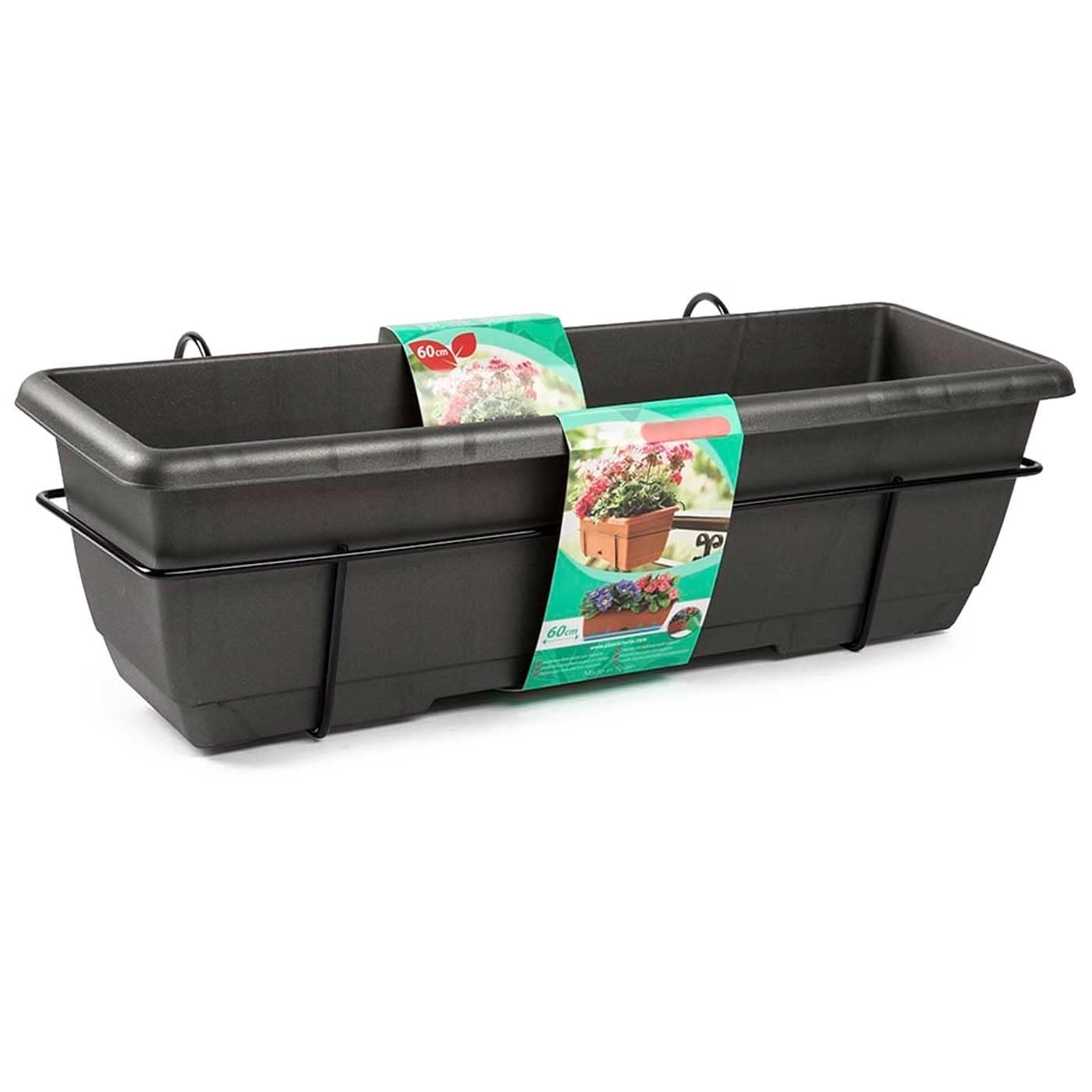 Acan Tradineur - Jardinera para balcón con Plato Integrado y Soporte metálico - Fabricado en plástico - PLFT - Capacidad de 12 litros - 17 x 60 x 19,5 cm - Color Antracita