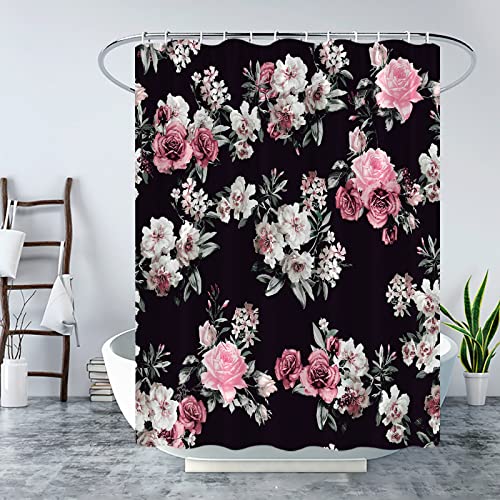ieroayol Floral Shower Curtain Retro Boho Blossom Rose Flowers Watercolor Rustic Girl Woman Modern Aesthetic Fabric Bath with Hook black pink beige