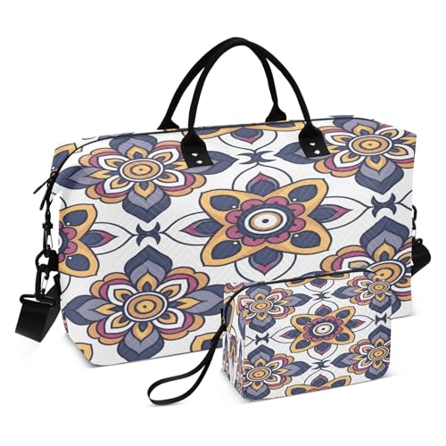 Weekender Bags Travel Duffel Gym Bag Colorful Geometric Floral Pattern Carry on Overnight Tote Bag with Toiletry Bag for Airplane Travel Trip Gym Yoga